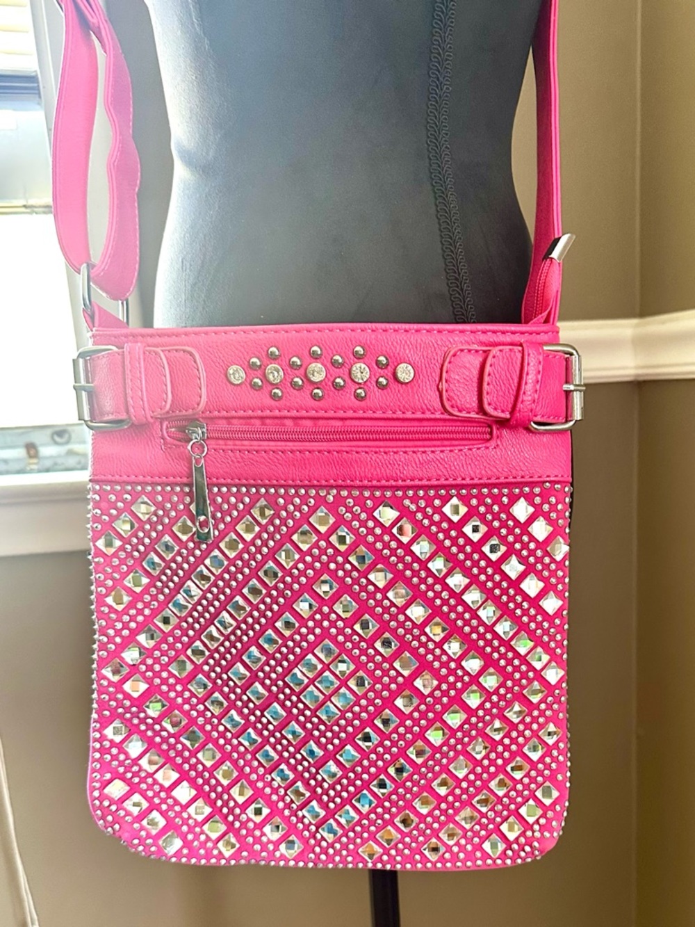 Rhinestone Studded Hot Pink Crossbody Bag - Fashionable Women's Bag - Picture 2 of 6